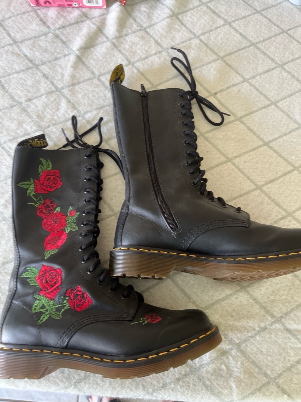 Dr. Martens Black Lace-Up Boots with Red Rose Embroidery